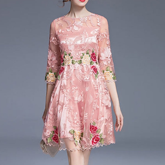 Dance VICKY & LUCAS 3/4 Sleeve Embroidered Skater Dress (Pink)